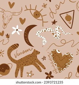 Abstract Hand Drawing Leopard Heart Eye Planet Flower Cow Skull Snake Star and Geometric Shapes Doodle Seamless Retro Vector Textile Pattern Isolated Background
