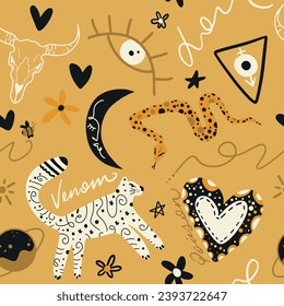 Abstract Hand Drawing Leopard Heart Eye Planet Flower Cow Skull Snake Star and Geometric Shapes Doodle Seamless Retro Vector Textile Pattern Isolated Background