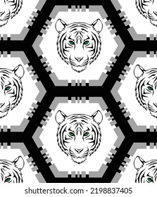 Abstract Hand Drawing Lion Tiger Faces with Hexagon Geometric Seamless Vector Pattern Isolated Background