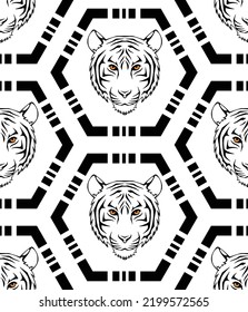 Abstract Hand Drawing Lion Tiger Faces with Hexagon Geometric Seamless Vector Pattern Isolated Background