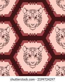 Abstract Hand Drawing Lion Tiger Faces with Hexagon Geometric Seamless Vector Pattern Isolated Background