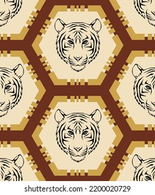 Antecedentes aislados de tigres de león de mano de dibujo con patrón de vectores sin soldadura geométrico hexagonal