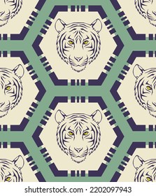 Antecedentes aislados de tigres de león de mano de dibujo con patrón de vectores sin soldadura geométrico hexagonal