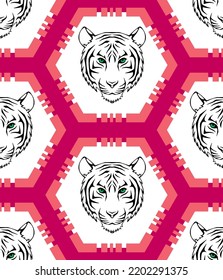 Abstract Hand Drawing Lion Tiger Faces with Hexagon Geometric Seamless Vector Pattern Isolated Background