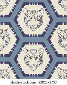 Abstract Hand Drawing Lion Tiger Faces with Hexagon Geometric Seamless Vector Pattern Isolated Background
