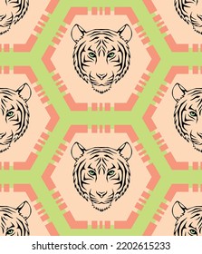 Abstract Hand Drawing Lion Tiger Faces with Hexagon Geometric Seamless Vector Pattern Isolated Background