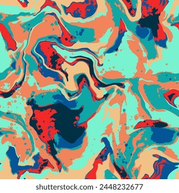 Abstract Hand Drawing Liquid Fluid Wavy Marble Brush Strokes Seamless Camouflage Vector Pattern Isolated Background