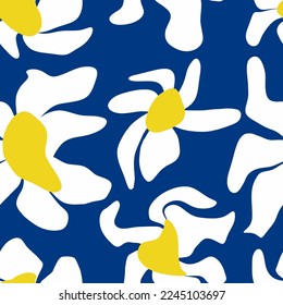 Abstract Hand Drawing Liquid Wavy Retro Daisy Flowers Seamless Vector Pattern Isolated Background