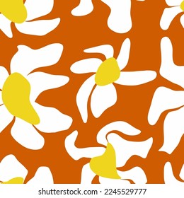 Abstract Hand Drawing Liquid Wavy Retro Daisy Flowers Seamless Vector Pattern Isolated Background