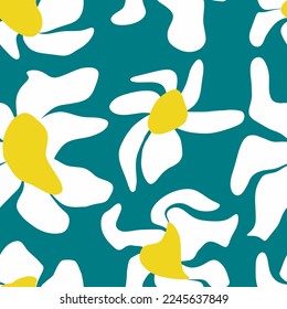 Abstract Hand Drawing Liquid Wavy Retro Daisy Flowers Seamless Vector Pattern Isolated Background