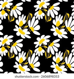 Abstract Hand Drawing Liquid Wavy Daisy Camomile Flowers and Leaves Seamless Vector Pattern Isolated Background