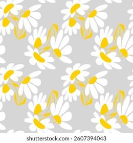 Abstract Hand Drawing Liquid Wavy Daisy Camomile Flowers and Leaves Seamless Vector Pattern Isolated Background