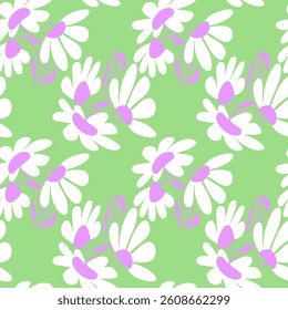 Abstract Hand Drawing Liquid Wavy Daisy Camomile Flowers and Leaves Seamless Vector Pattern Isolated Background