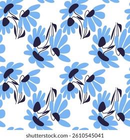 Abstract Hand Drawing Liquid Wavy Daisy Camomile Flowers and Leaves Seamless Vector Pattern Isolated Background