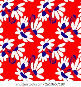 Abstract Hand Drawing Liquid Wavy Daisy Camomile Flowers and Leaves Seamless Vector Pattern Isolated Background
