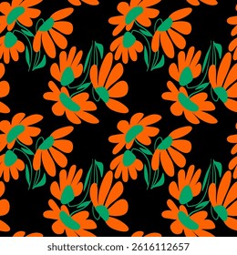 Abstract Hand Drawing Liquid Wavy Daisy Camomile Flowers and Leaves Seamless Vector Pattern Isolated Background