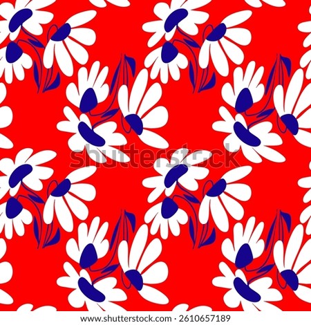 Abstract Hand Drawing Liquid Wavy Daisy Camomile Flowers and Leaves Seamless Vector Pattern Isolated Background