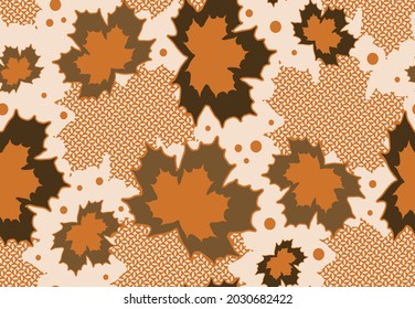 Abstracto Dibujo Mano Hojas de arce y Formas Geométricas Puntos Patrón de vectores sin inconvenientes Fondo de mosaico étnico