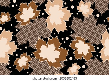 Abstracto Dibujo Mano Hojas de arce y Formas Geométricas Puntos Patrón de vectores sin inconvenientes Fondo de mosaico étnico
