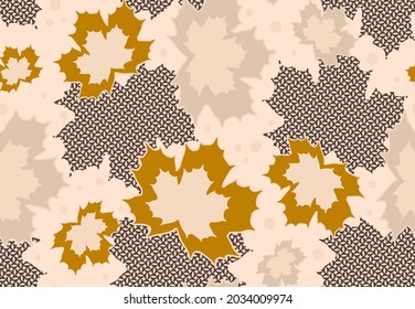 Abstract Hand Drawing Maple Leaves and Geometric Shapes Dots Seamless Vector Pattern Ethnic Tile Background