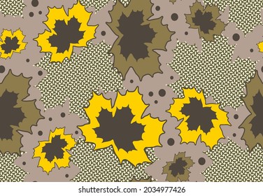 Abstract Hand Drawing Maple Leaves and Geometric Shapes Dots Seamless Vector Pattern Ethnic Tile Background