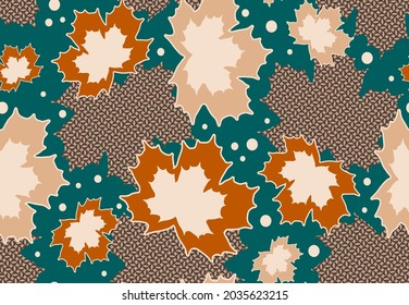 Abstract Hand Drawing Maple Leaves and Geometric Shapes Dots Seamless Vector Pattern Ethnic Tile Background
