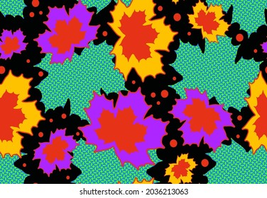 Abstracto Dibujo Mano Hojas de arce y Formas Geométricas Puntos Patrón de vectores sin inconvenientes Fondo de mosaico étnico