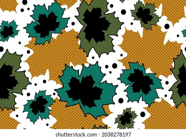 Abstract Hand Drawing Maple Leaves and Geometric Shapes Dots Seamless Vector Pattern Ethnic Tile Background