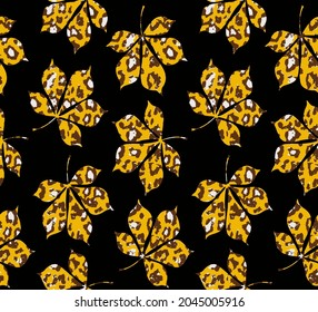 Abstract Hand Drawing Maple Leaves with Leopard Cheetah Animal Skin Seamless Vector Pattern Isolated Black Background