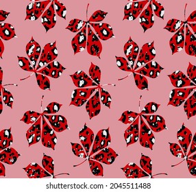 Abstract Hand Drawing Maple Leaves with Leopard Cheetah Animal Skin Seamless Vector Pattern Isolated Pink Background
