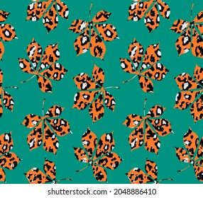 Abstract Hand Drawing Maple Leaves with Leopard Cheetah Animal Skin Seamless Vector Pattern Isolated Water Green Background