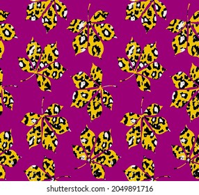 Abstract Hand Drawing Maple Leaves with Leopard Cheetah Animal Skin Seamless Vector Pattern Isolated Purple Background