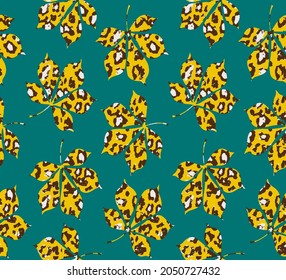 Abstract Hand Drawing Maple Leaves with Leopard Cheetah Animal Skin Seamless Vector Pattern Isolated Water Green Background