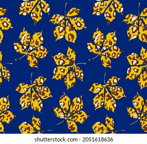 Abstract Hand Drawing Maple Leaves with Leopard Cheetah Animal Skin Seamless Vector Pattern Isolated Royal Blue Background