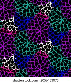 Abstract Hand Drawing Marigold Flower Leaves Seamless Vector Pattern Isolated Purple Green Blue Background