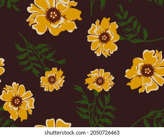 Abstract Hand Drawing Marigold Flowers and Leaves Seamless Vector Pattern Isolated Brown Background