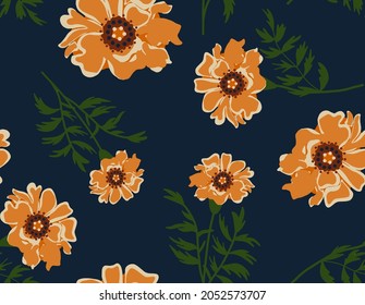 Abstract Hand Drawing Marigold Flowers and Leaves Seamless Vector Pattern Isolated Indigo Blue Background