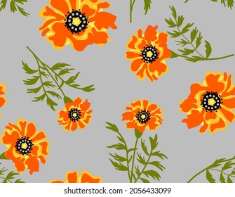 Abstract Hand Drawing Marigold Flowers and Leaves Seamless Vector Pattern Isolated Grey Background