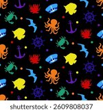 Abstract Hand Drawing Marine Concept Octopus Sea Bird Crab Anchor Hat Fish Rudder and Dot Silhouettes Seamless Vector Pattern with Isolated Background