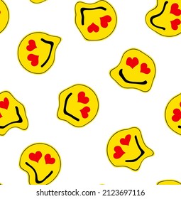 Abstract Hand Drawing Melted Liquify Yellow Smile Icons with Heart Eyes Seamless Vector Pattern Isolated Background