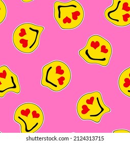 Abstract Hand Drawing Melted Liquify Yellow Smile Icons with Heart Eyes Seamless Vector Pattern Isolated Background