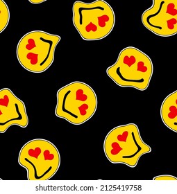 Abstract Hand Drawing Melted Liquify Yellow Smile Icons with Heart Eyes Seamless Vector Pattern Isolated Background