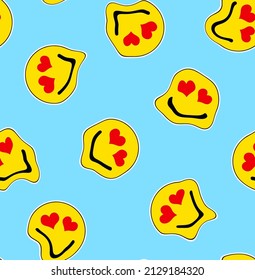 Abstract Hand Drawing Melted Liquify Yellow Smile Icons with Heart Eyes Seamless Vector Pattern Isolated Background