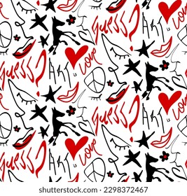 Abstract Hand Drawing Melting Faces Hearts Stars Horses Lips Flowers Love Art and Guess Writing Seamless Graffiti Vector Pattern Isolated Background