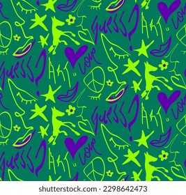 Abstract Hand Drawing Melting Faces Hearts Stars Horses Lips Flowers Love Art and Guess Writing Seamless Graffiti Vector Pattern Isolated Background