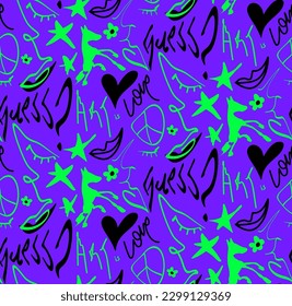 Abstract Hand Drawing Melting Faces Hearts Stars Horses Lips Flowers Love Art and Guess Writing Seamless Graffiti Vector Pattern Isolated Background