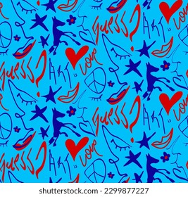 Abstract Hand Drawing Melting Faces Hearts Stars Horses Lips Flowers Love Art and Guess Writing Seamless Graffiti Vector Pattern Isolated Background