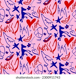 Abstract Hand Drawing Melting Faces Hearts Stars Horses Lips Flowers Love Art and Guess Writing Seamless Graffiti Vector Pattern Isolated Background