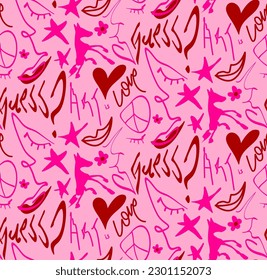 Abstract Hand Drawing Melting Faces Hearts Stars Horses Lips Flowers Love Art and Guess Writing Seamless Graffiti Vector Pattern Isolated Background