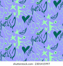Abstract Hand Drawing Melting Faces Hearts Stars Horses Lips Flowers Love Art and Guess Writing Seamless Graffiti Vector Pattern Isolated Background